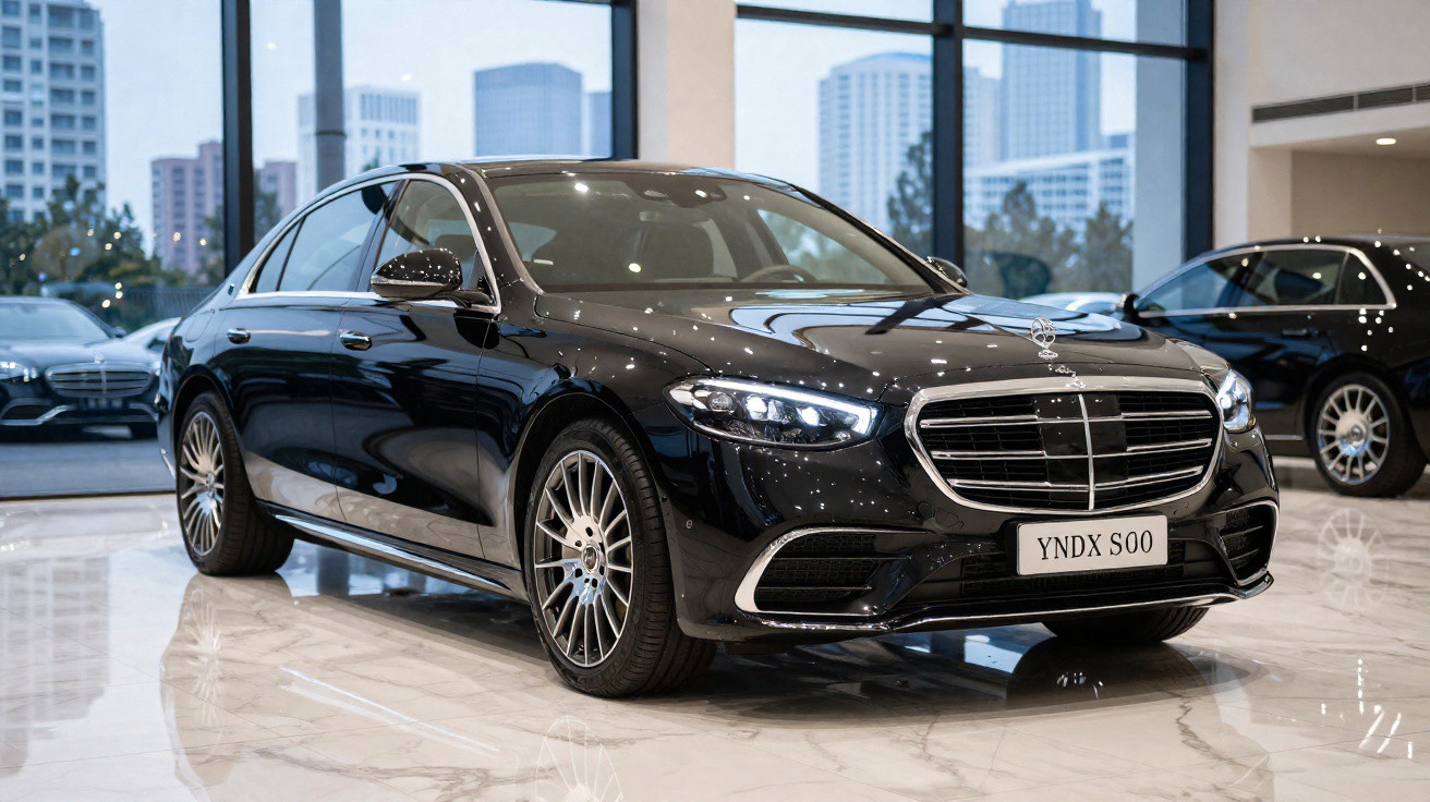 Carro preto elegante Mercedes-Benz em showroom com piso brilhante e prédios ao fundo.