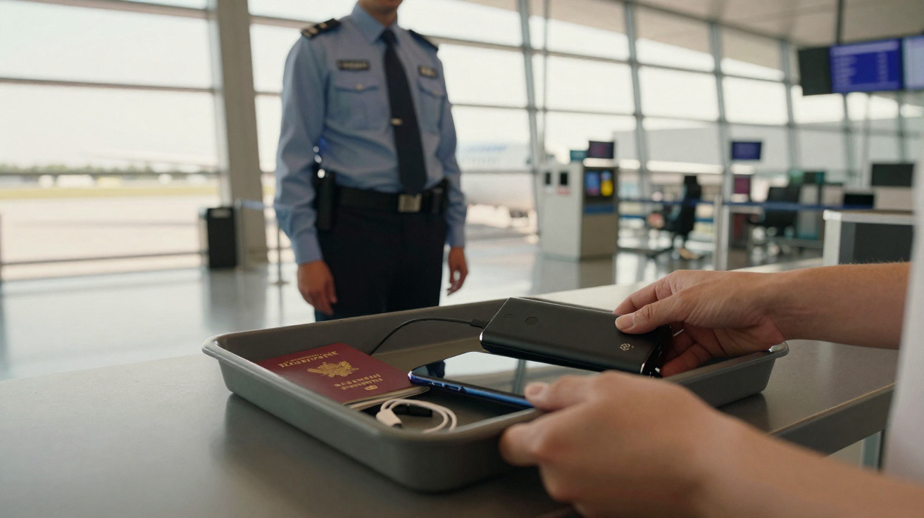 Pessoa colocando celular e documentos em bandeja na inspeção de segurança do aeroporto com segurança ao fundo.