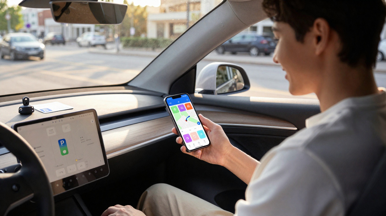 Pessoa dentro de carro segurando celular com aplicativo de navegação aberto e painel digital ao fundo.