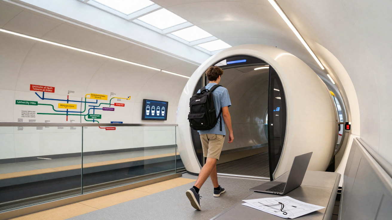 Jovem com mochila entrando em cápsula futurista em estação de transporte público moderna e iluminada.