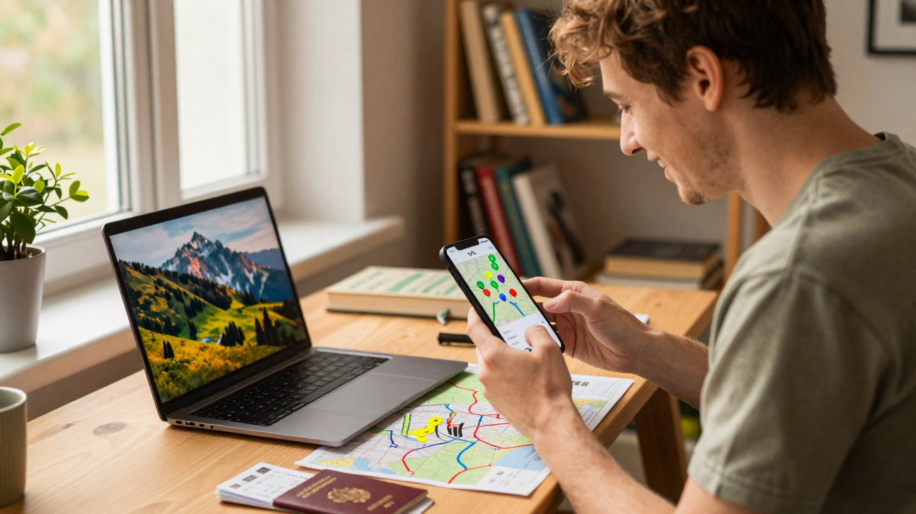 Homem olhando mapa no celular enquanto planeja viagem com laptop e documento em mesa.