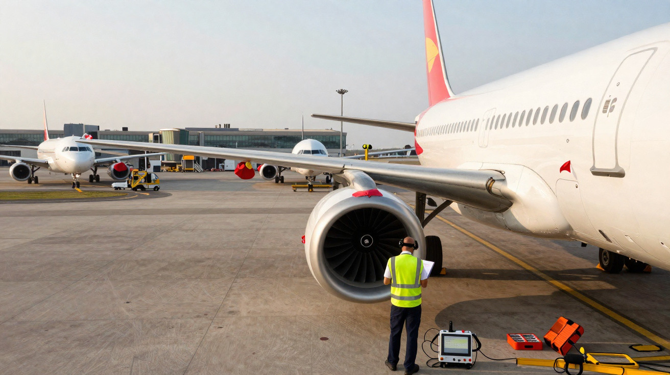 Funcionário com colete refletivo inspeciona motor de avião no aeroporto durante o dia.