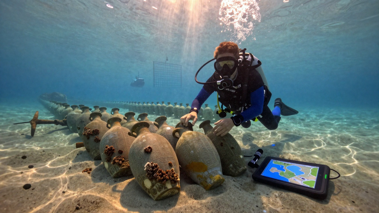 Mergulhador examina ânforas antigas sobre o fundo do mar com tablet subaquático ao lado.