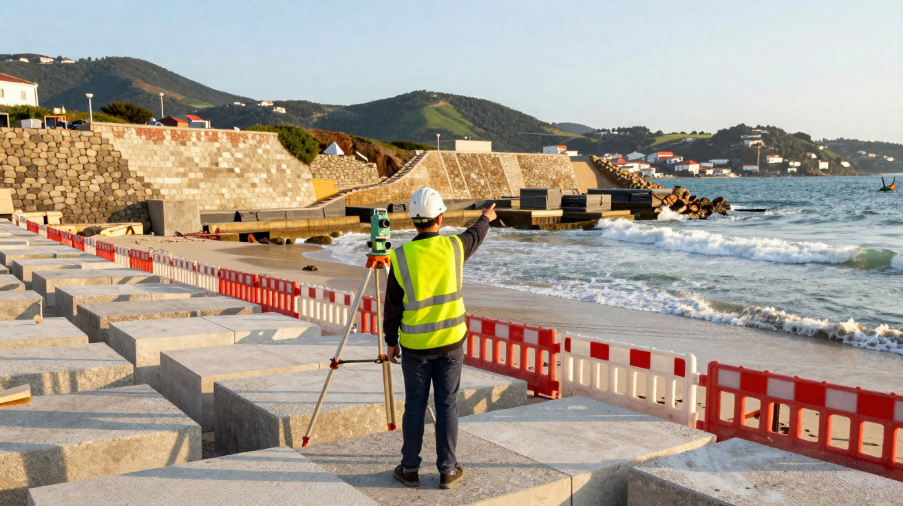 Engenheiro civil com colete e capacete faz medições na orla marítima com equipamento topográfico.