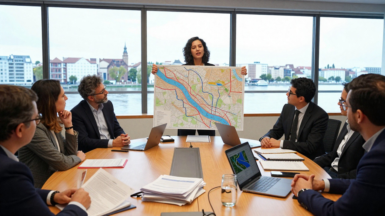 Mulher mostra mapa em reunião de negócios com seis pessoas sentadas em sala com vista para rio.