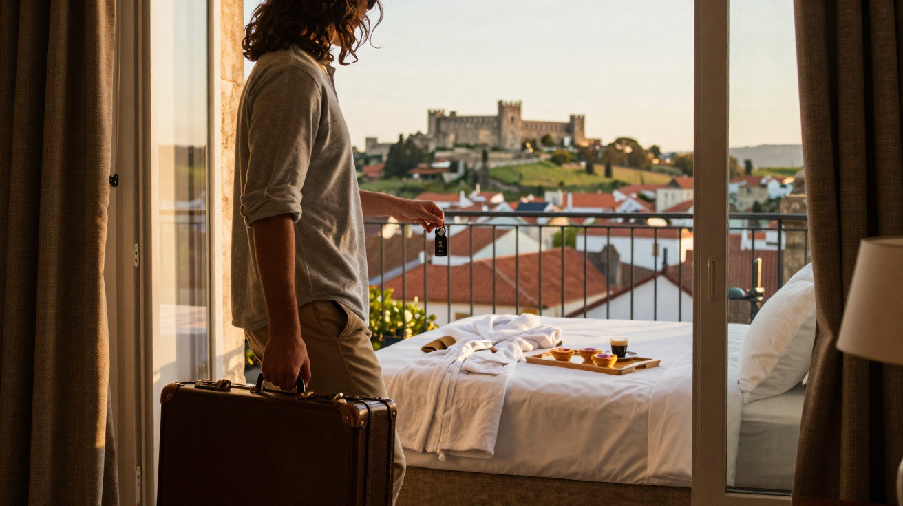 Homem com mala e chave de hotel, varanda com vista para castelo e casas ao pôr do sol.