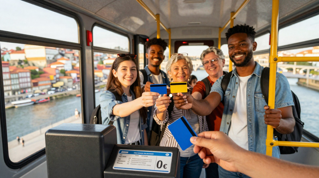 Grupo diversificado de passageiros sorridentes no ônibus mostrando cartões de transporte para pagamento.