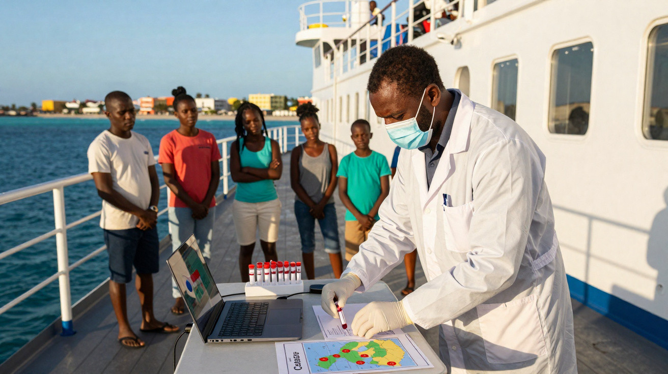 Médico com máscara analisando mapa e amostras de sangue em navio, enquanto grupo observa ao fundo.