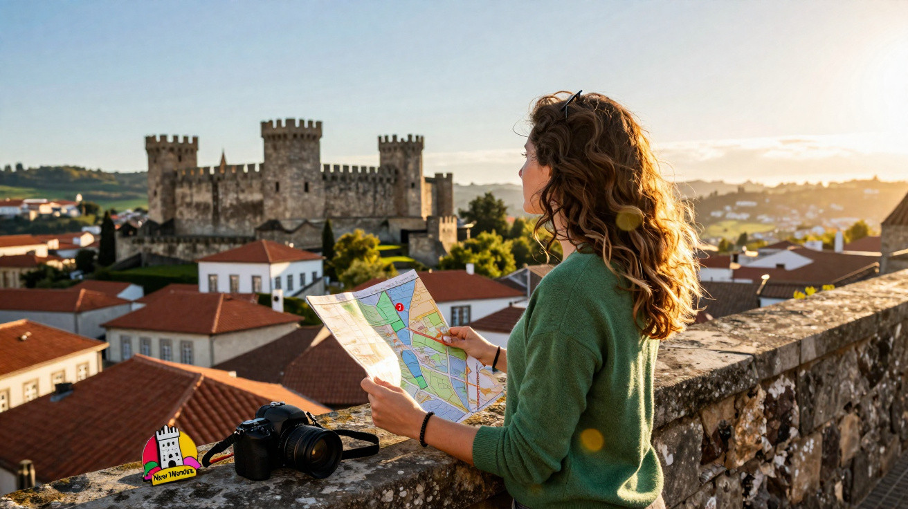 Mulher olhando mapa na muralha com câmera, vista para castelo antigo e casas ao pôr do sol.