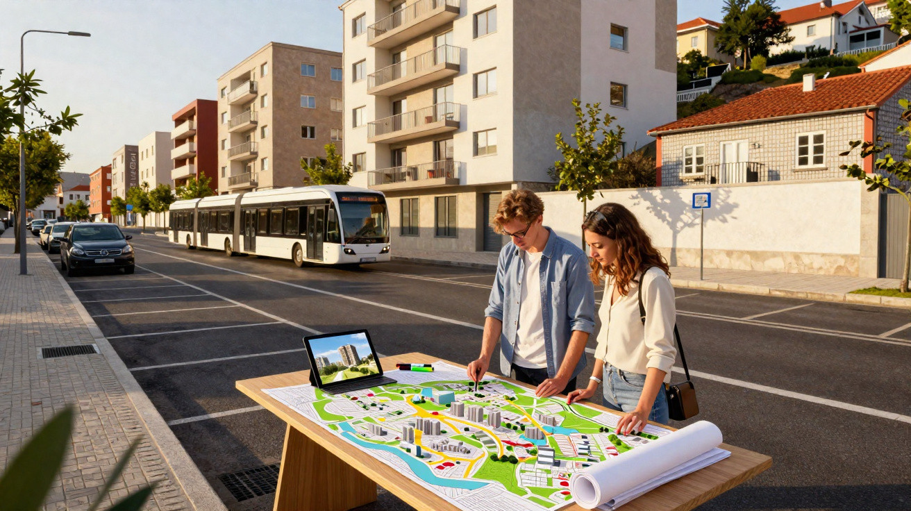 Duas pessoas analisam maquete urbana em mesa na rua com prédios e ônibus ao fundo.