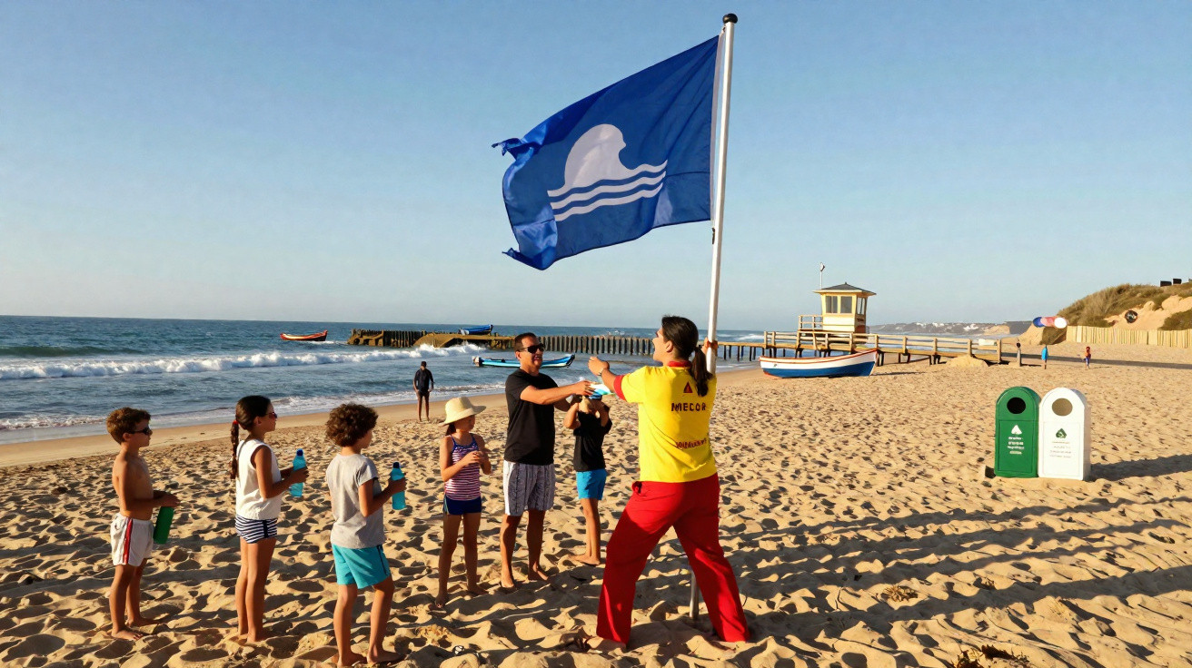 Homem com colete amarelo hasteia bandeira azul na praia com várias crianças em fila segurando garrafas.