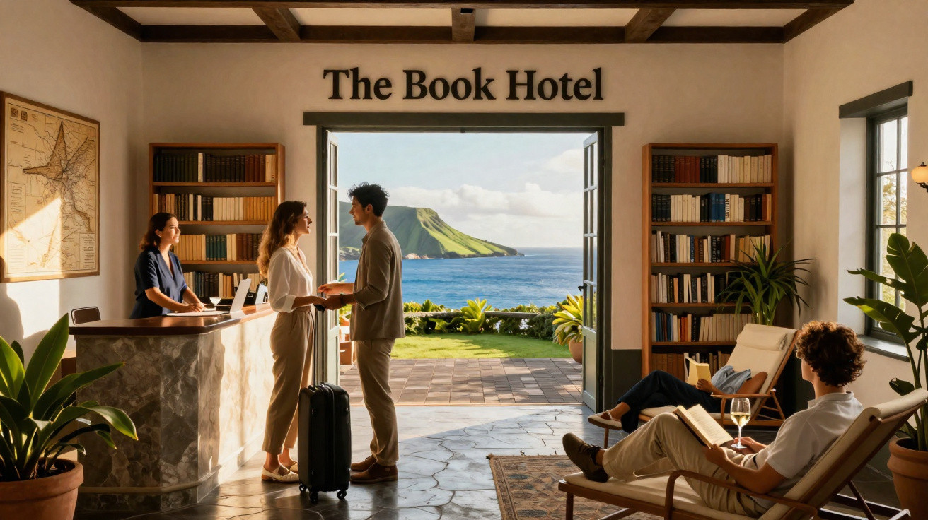Recepção do The Book Hotel com casal, recepcionista, hóspedes lendo e vista do mar ao fundo.