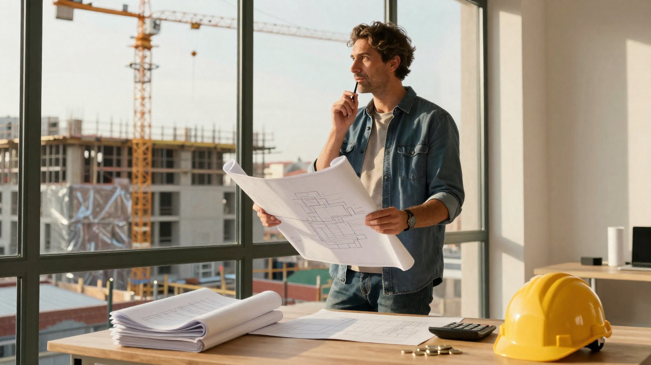 Homem segurando planta baixa olhando pela janela em escritório com equipamentos de construção.