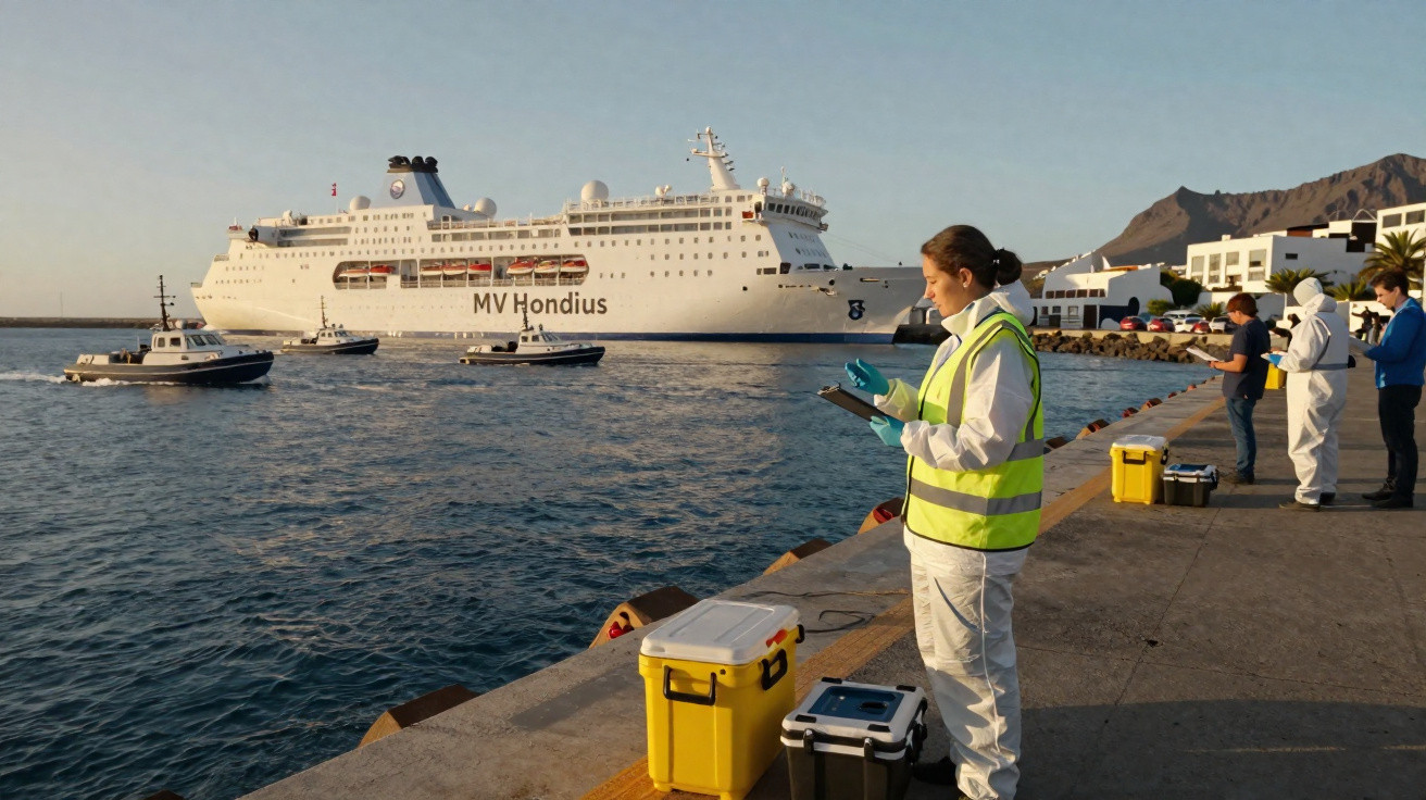 Pessoas vestindo coletes e roupas brancas fazem anotações em cais próximo ao navio MV Hondius ancorado.