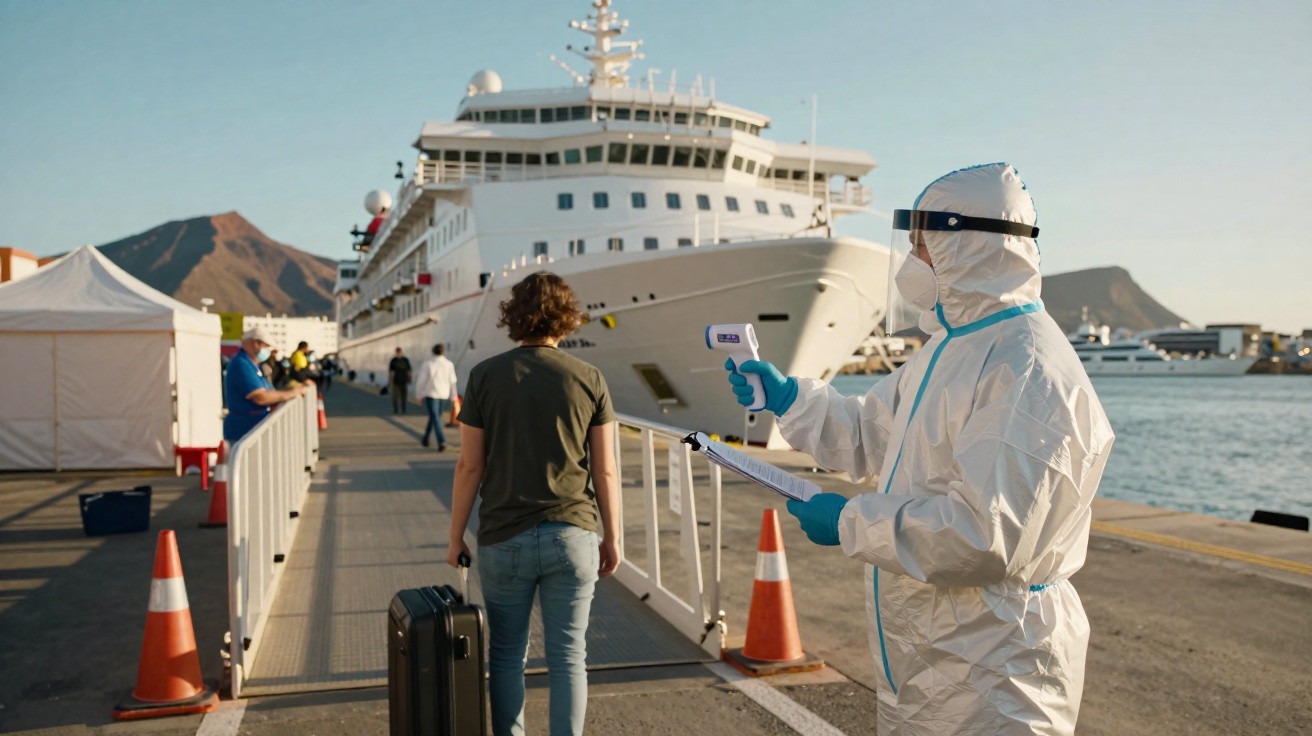 Pessoa com mala sendo conferida por profissional com equipamento de proteção em embarque de navio.