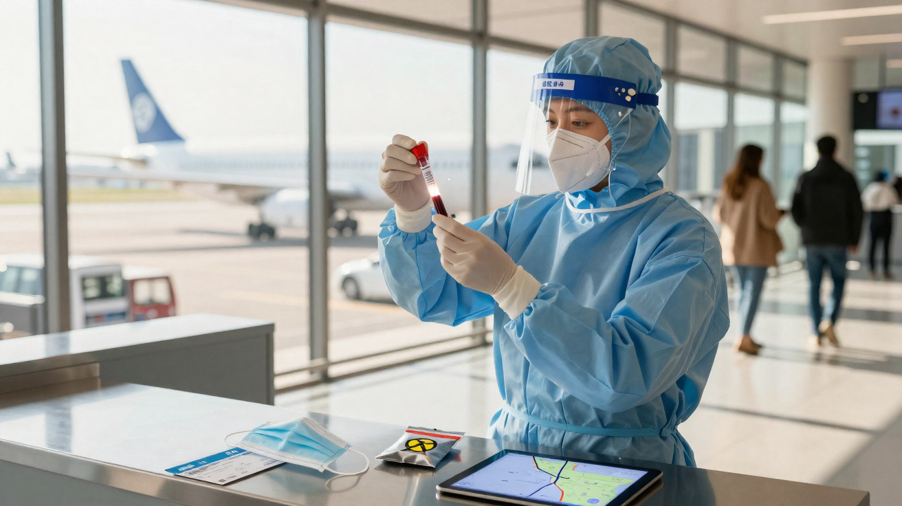 Profissional de saúde em proteção completa analisando amostra de sangue em aeroporto.