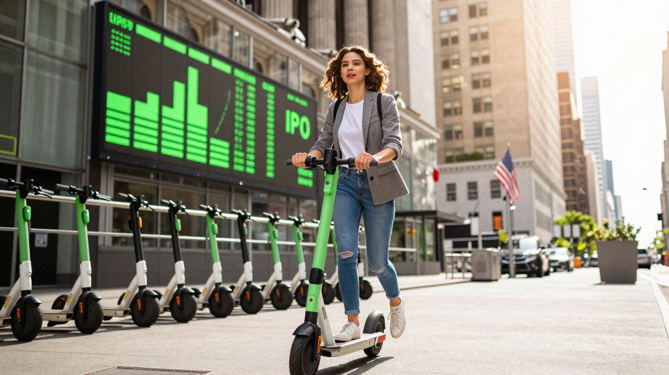 Jovem mulher andando de patinete elétrico em rua movimentada com painel digital verde ao fundo.