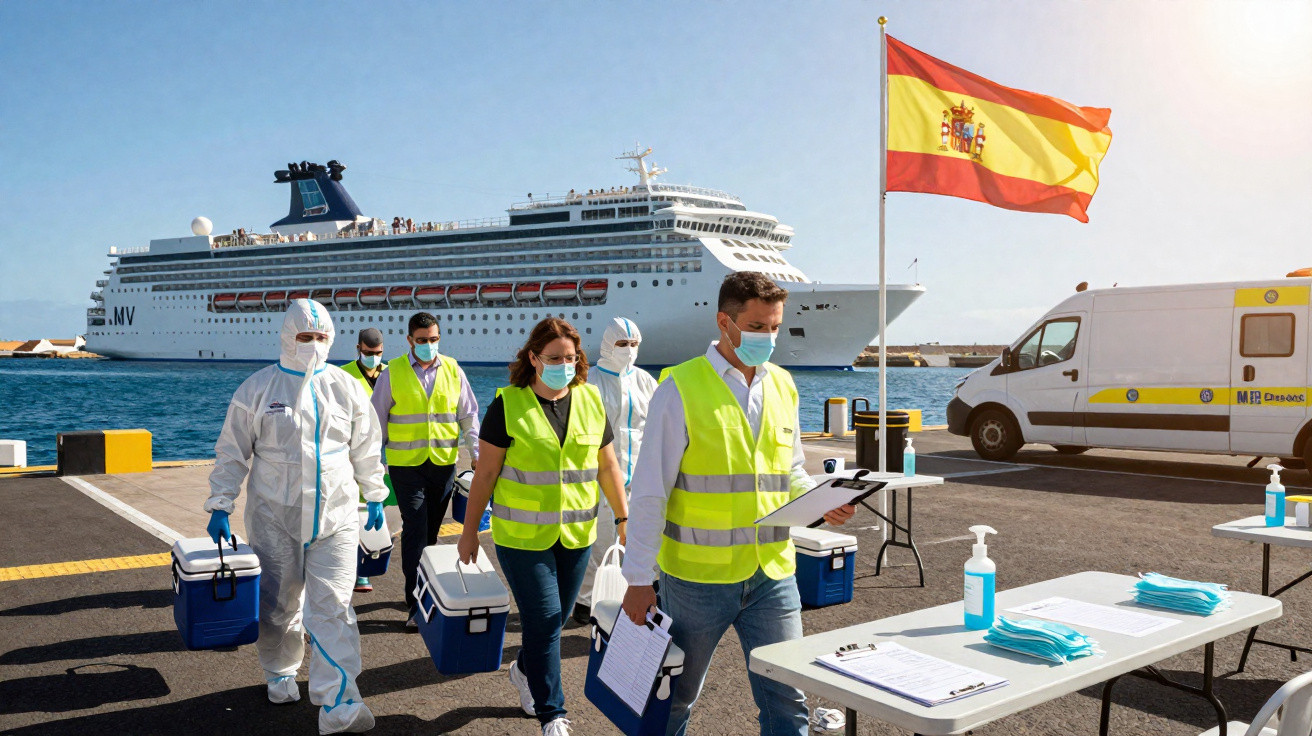 Equipe médica com coletes amarelos e EPIs caminha em porto com navio de cruzeiro e bandeira da Espanha ao fundo.
