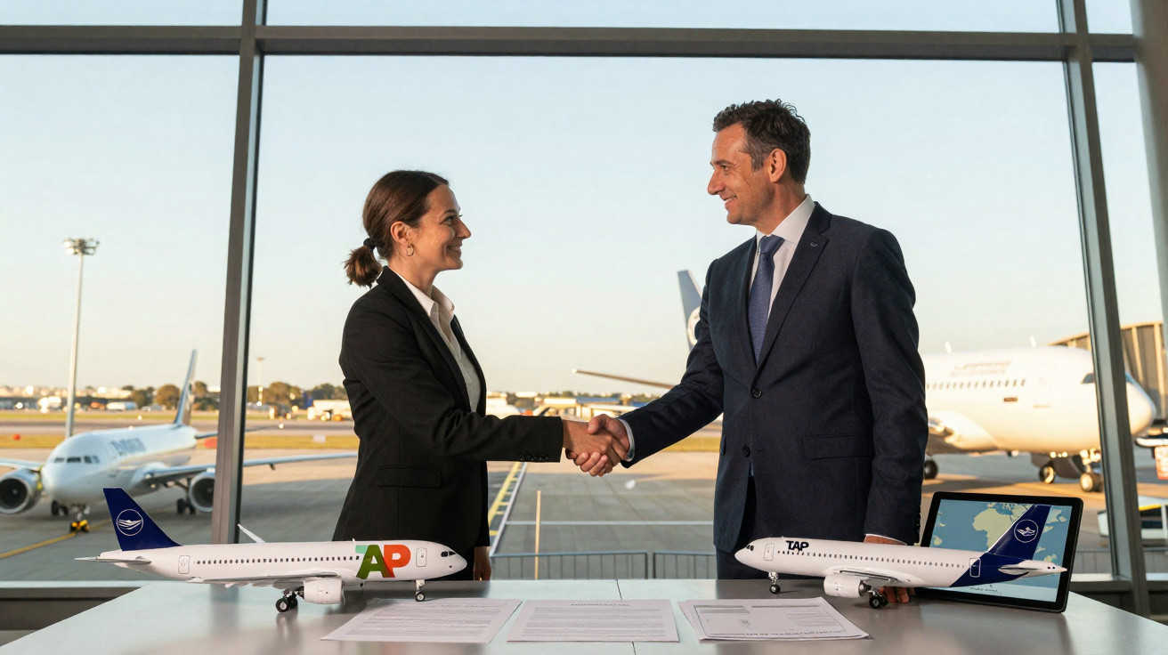 Homem e mulher de terno fazendo acordo com miniaturas de aviões em aeroporto ao fundo.