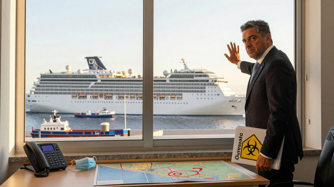 Homem de terno na janela de escritório com mapa e máscara, observando navio de cruzeiro no mar.