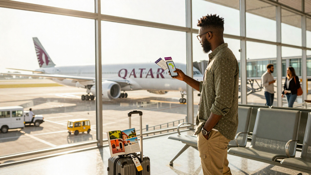 Homem em aeroporto verifica passagens no celular com avião da Qatar ao fundo e mala ao lado.