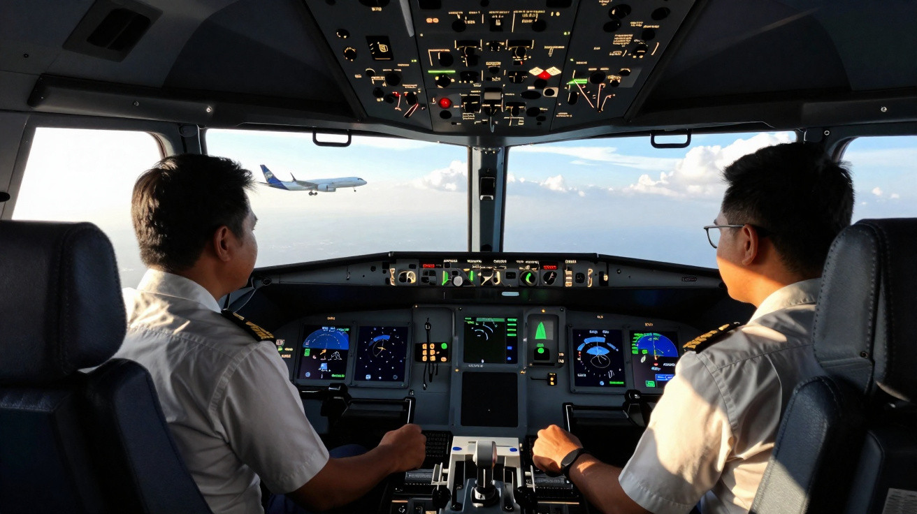 Cabine de comando com dois pilotos observando outro avião em voo pela janela dianteira.