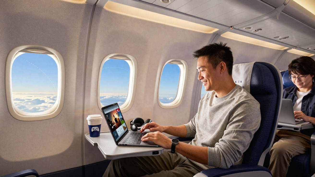 Homem sorrindo usando laptop em poltrona de avião com três janelas e outro passageiro ao fundo.