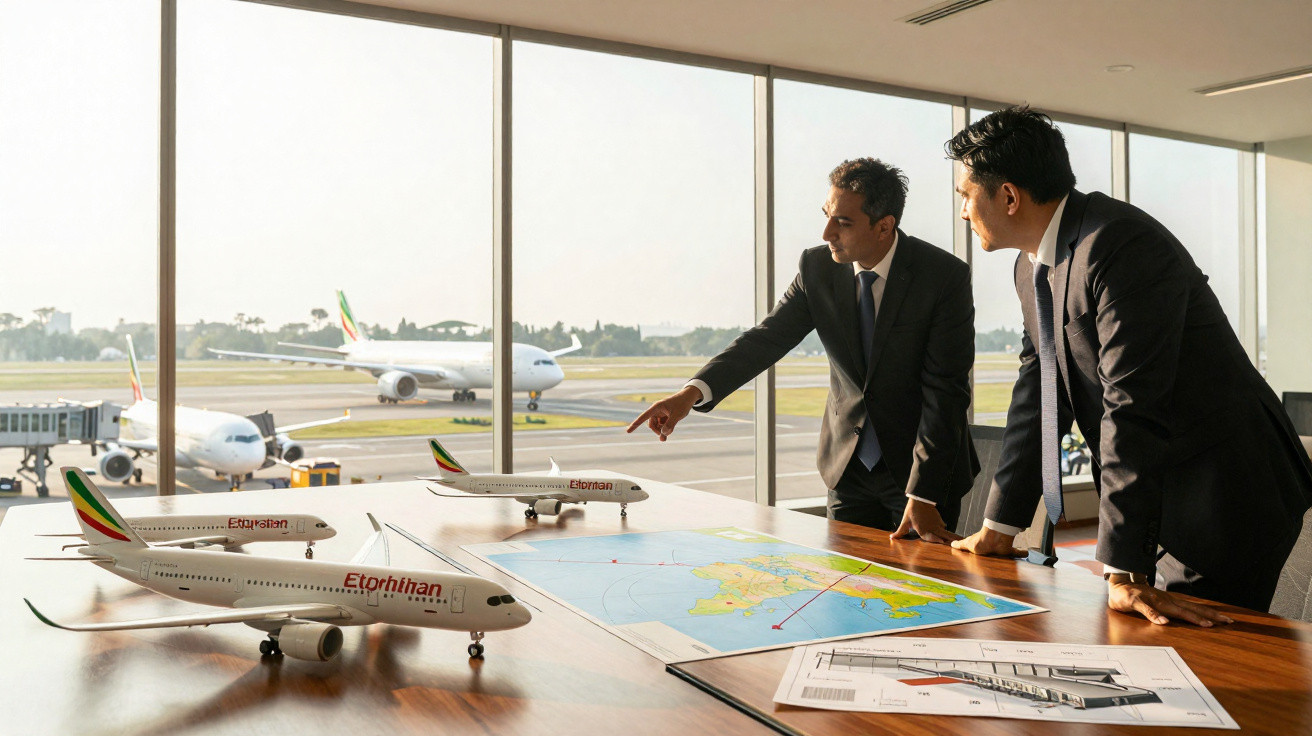 Dois homens em terno discutem planos de voo com mapas e modelos de avião em escritório com vista para pista.