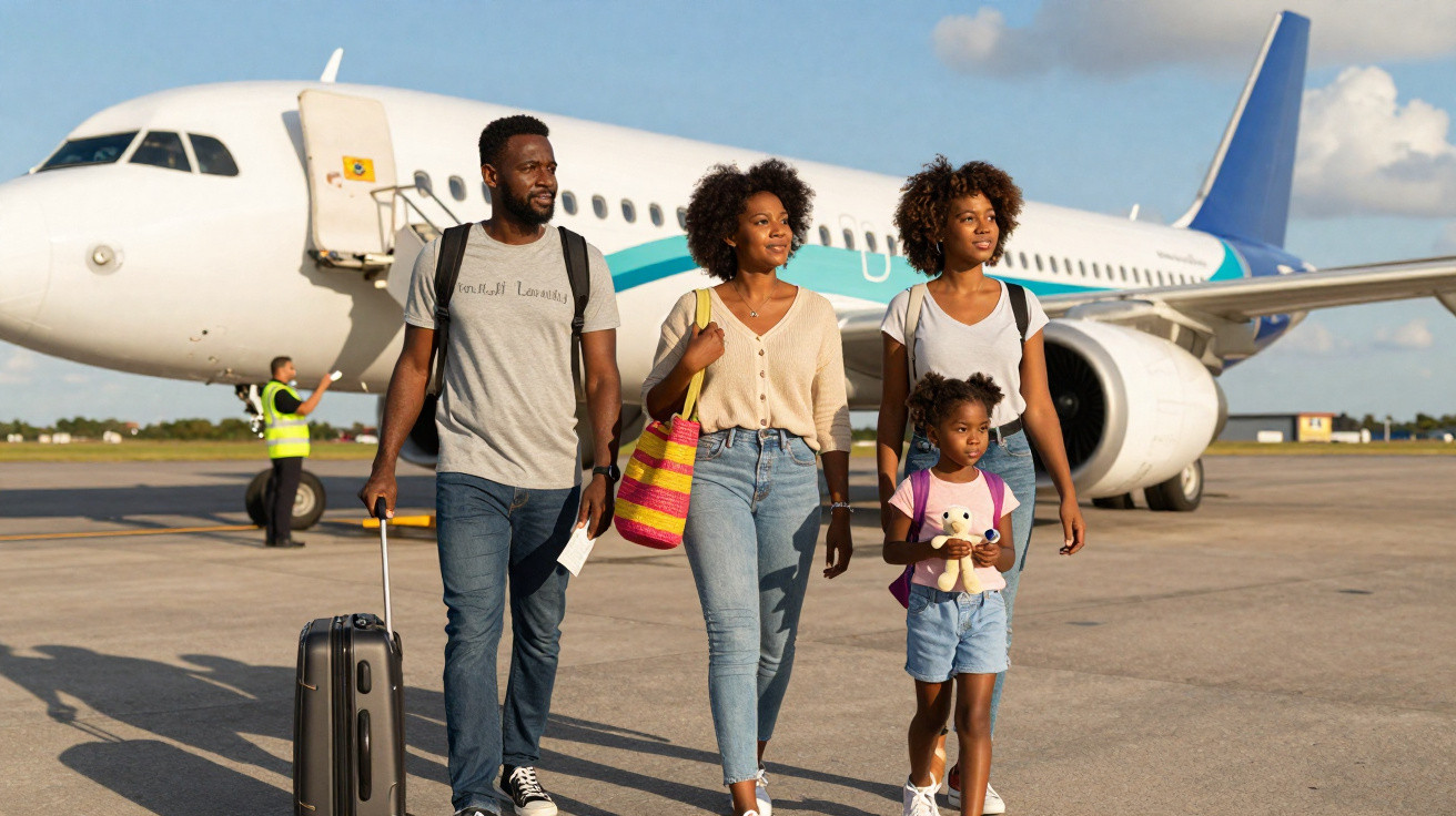 Família negra caminhando pelo aeroporto com mala e mochilas após desembarque de avião branco.