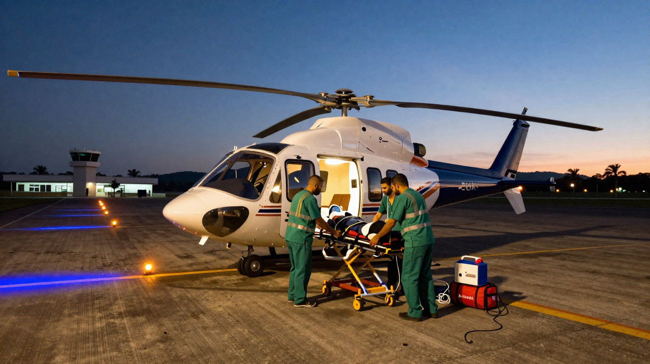 Equipe médica preparando paciente para transporte em helicóptero no aeroporto ao entardecer.