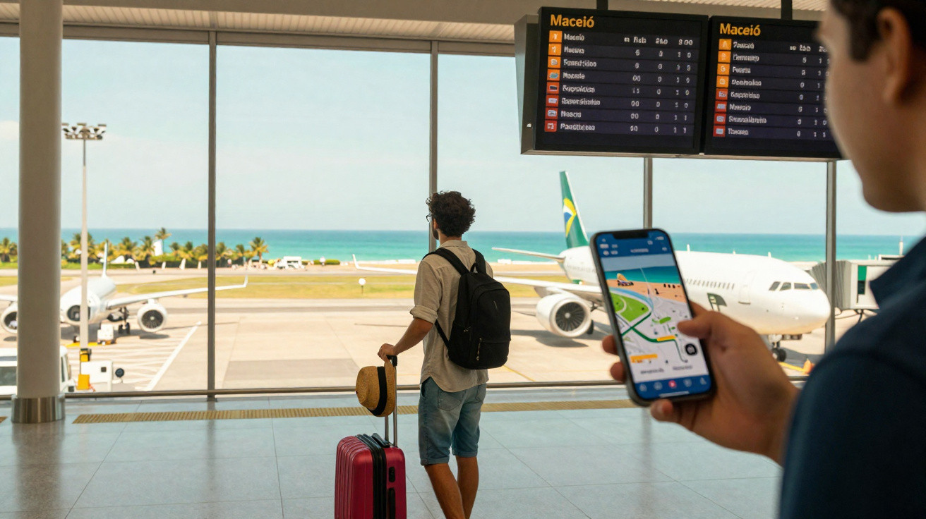 Homem com mochila e mala observa avião no aeroporto enquanto outra pessoa segura celular com mapa aberto.