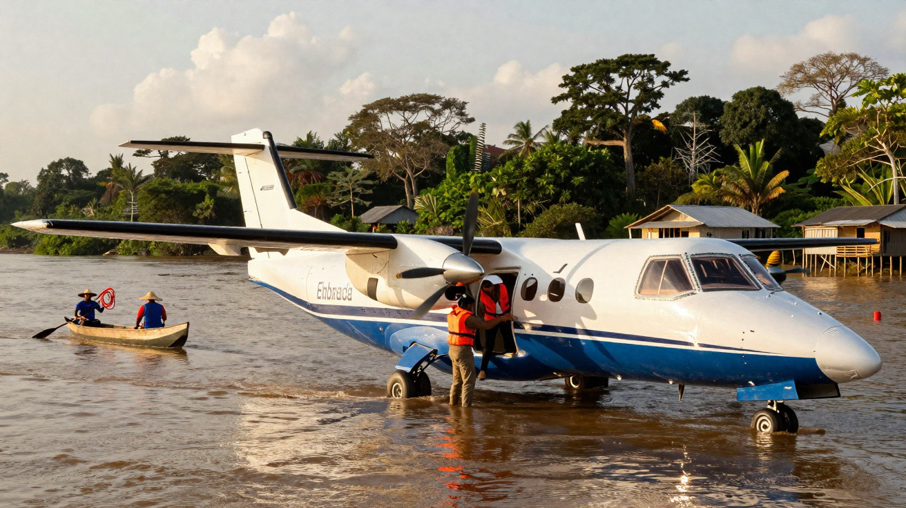 Avião de pequeno porte pousado em rio com pessoas embarcando e barco com dois remadores ao lado.