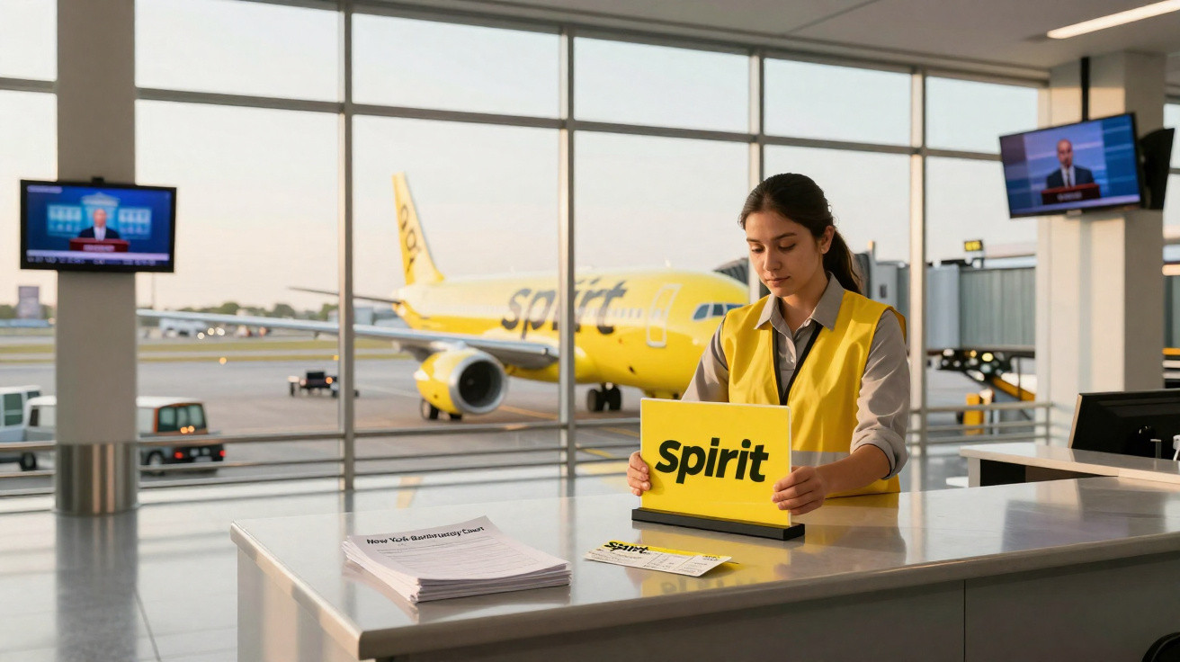 Funcionária com colete amarelo segurando placa da Spirit, com avião amarelo ao fundo no aeroporto.