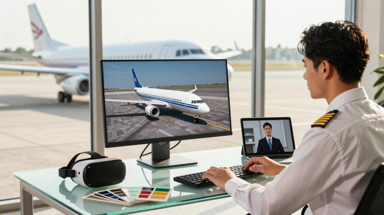 Piloto em uniforme trabalhando com simulação de voo em computador em sala com vista para avião no aeroporto.