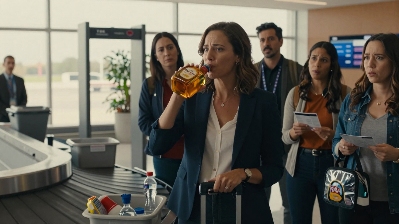 Mulher bebendo direto de garrafa de bebida alcoólica no aeroporto enquanto outras pessoas a observam surpresas.