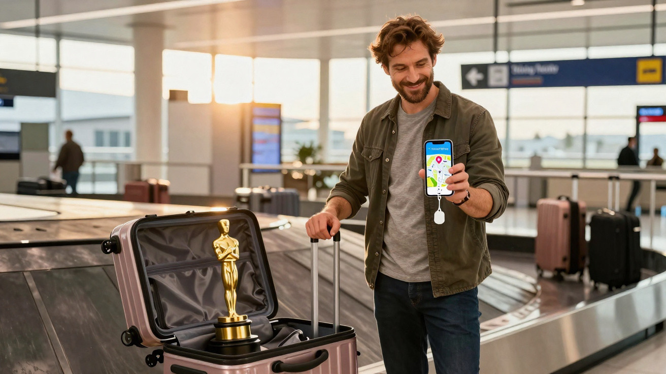 Homem sorridente mostra celular com mapa ao lado de mala aberta com troféu no aeroporto.