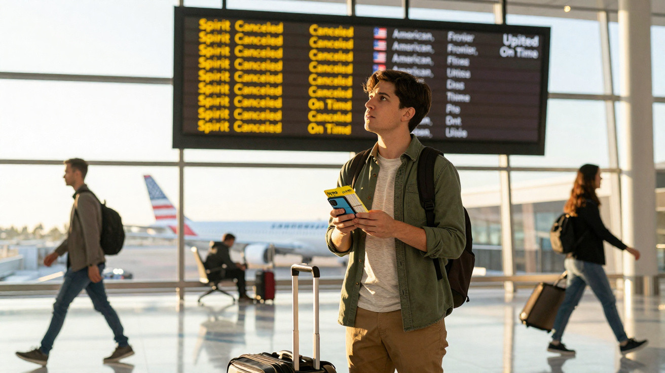 Jovem com mala e passagens observa painel de voos em aeroporto com aviões ao fundo.