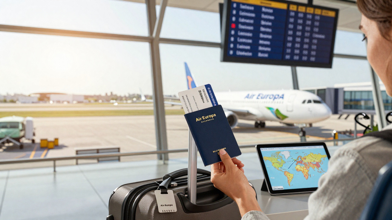 Pessoa segurando passaporte e cartão de embarque com avião e tela de voos ao fundo em aeroporto.