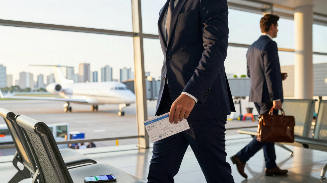 Homem de terno segurando cartão de embarque em aeroporto com avião ao fundo.