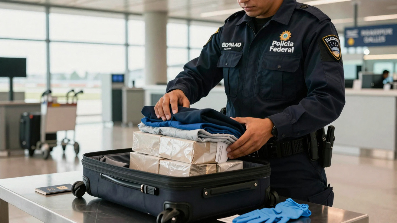 Policial federal inspecionando mala com pacotes e roupas em mesa no aeroporto.