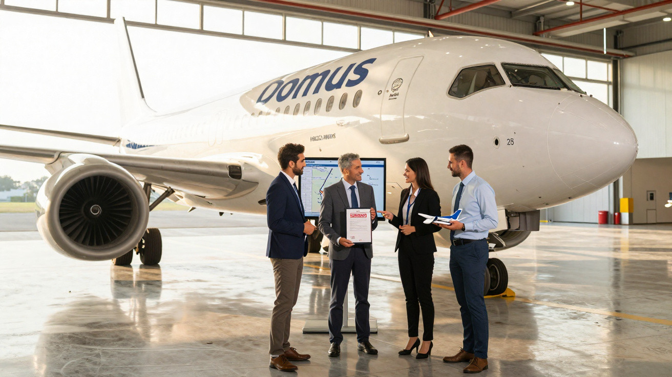 Quatro profissionais conversam em hangar ao lado de avião branco da Domus com documentos e modelo de avião nas mãos.