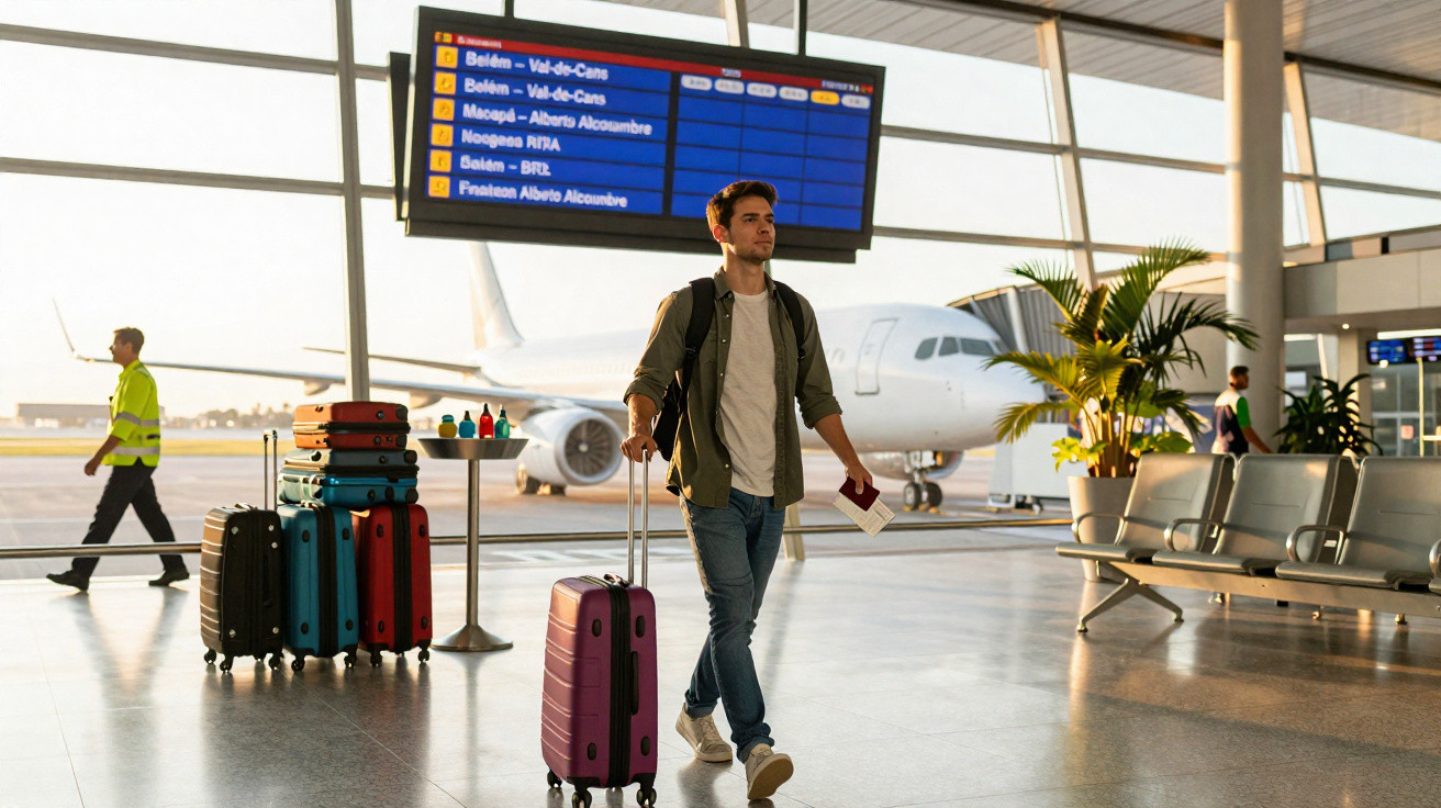 Jovem caminhando no aeroporto com mala rosa, segurando passaporte, com avião e painel de voos ao fundo.