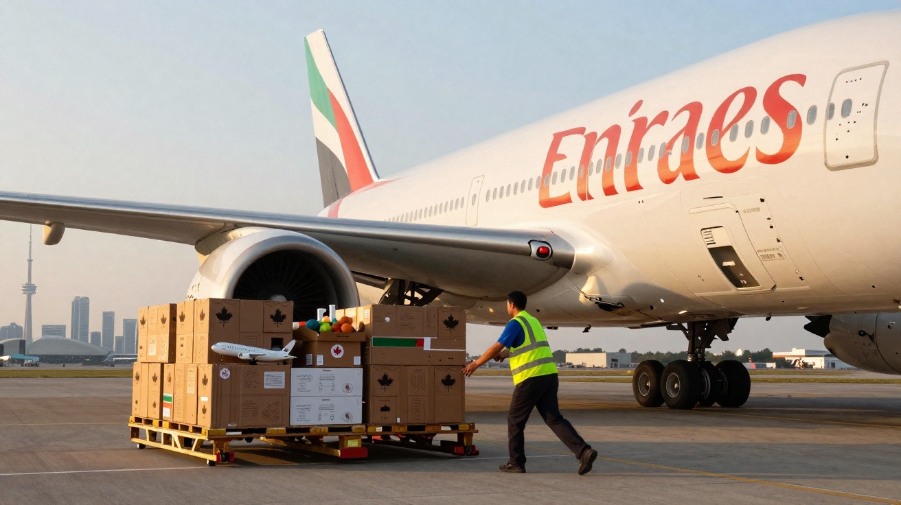 Homem com colete refletivo empurra cargas em paletes próximas a avião Emirates no aeroporto ao entardecer.