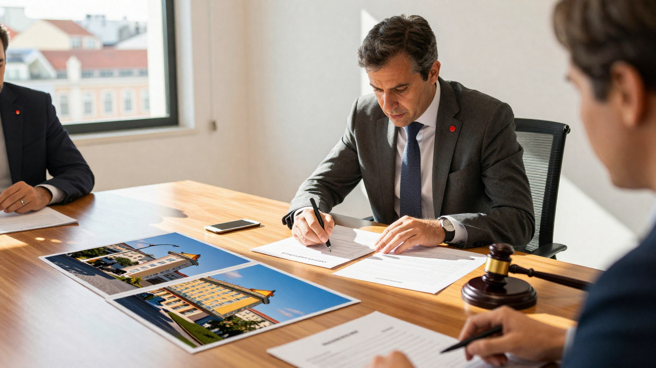 Homens em terno assinando documentos em mesa com fotos de edifícios e um martelo de juiz.
