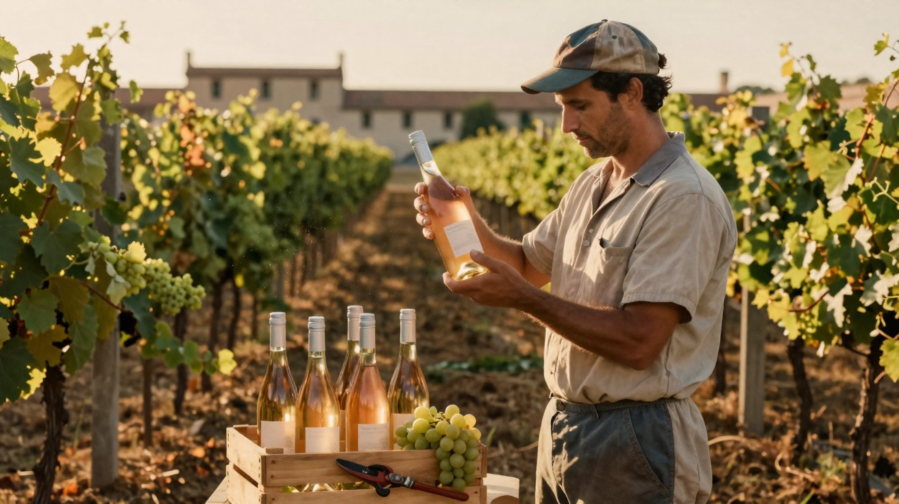 Homem em vinhedo analisando garrafa de vinho rosé ao lado de caixa com mais garrafas e cachos de uvas.