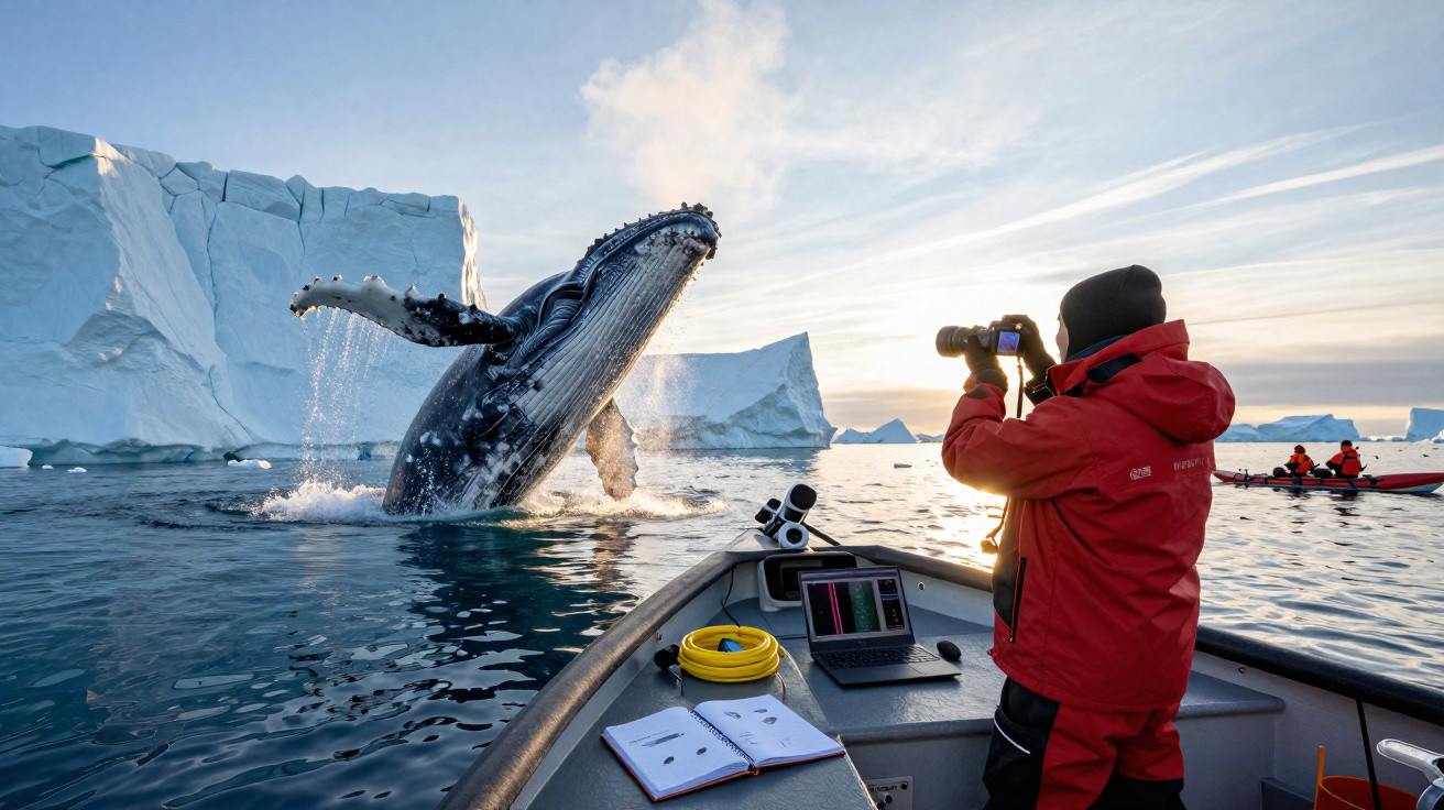 Baleia saltando próximo a botes com pessoas fotografando em mar com icebergs ao pôr do sol.