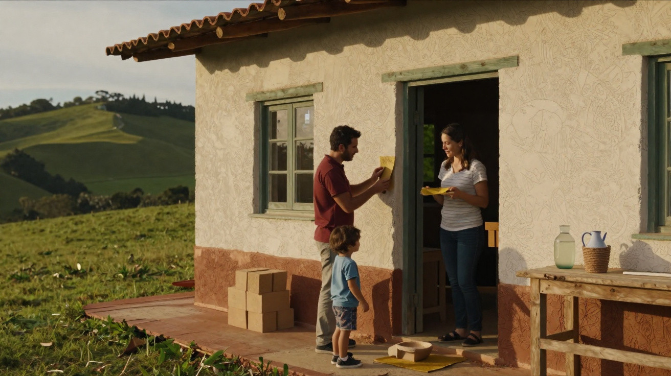 Família em frente a casa rústica em área rural, com caixas e um ambiente de campo ao fundo.
