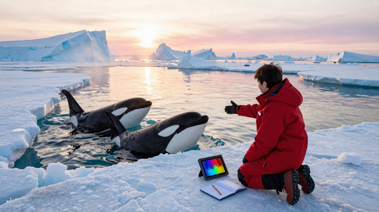 Pessoa agachada no gelo interagindo com duas orcas em ambiente ártico ao pôr do sol.