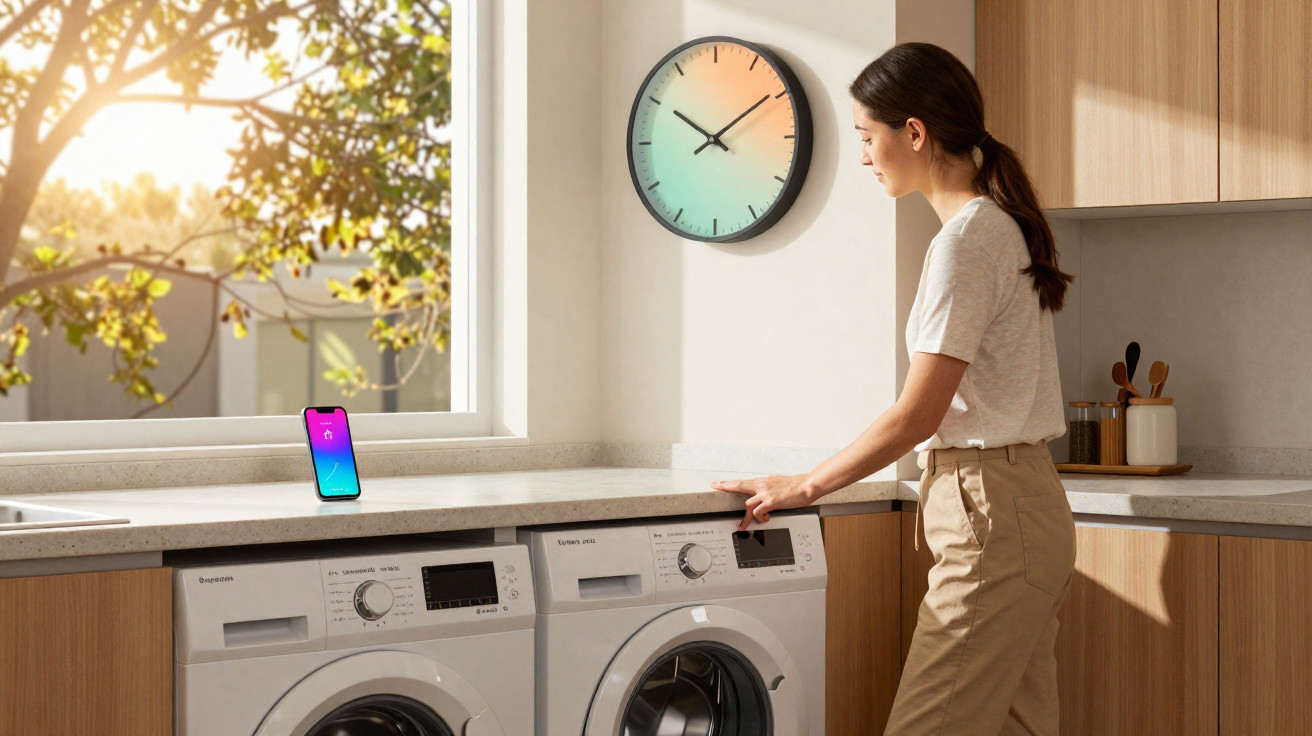 Mulher usando smartphone e relógio em lavanderia moderna com máquina de lavar e secar roupa.