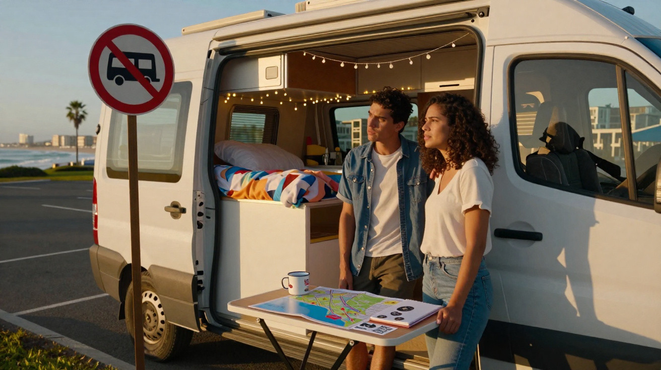 Casal jovem ao lado de van equipada com cama e mesa na praia ao pôr do sol.